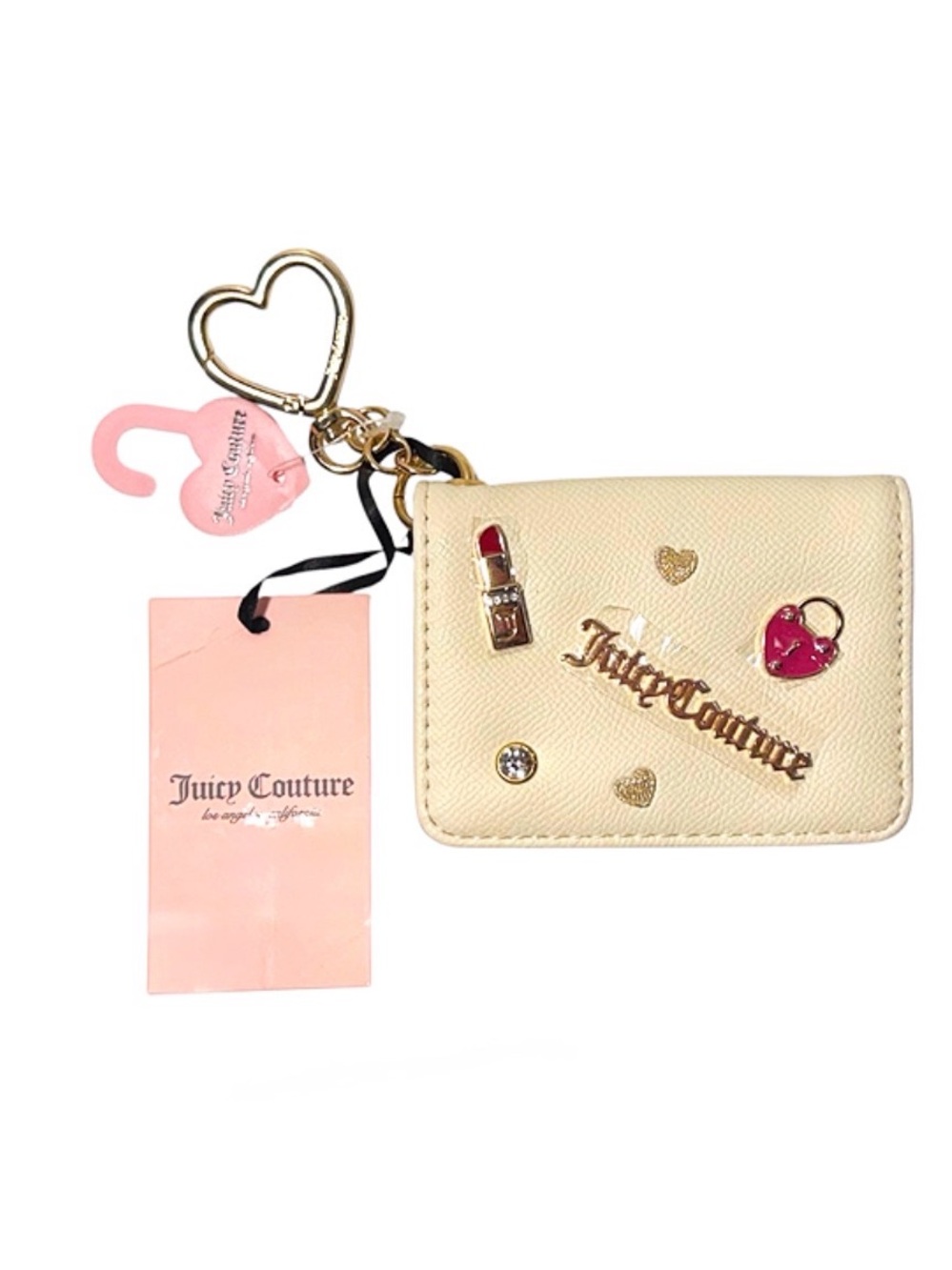 NWT Juicy Couture Cream Pink Card Holder Wallet Keychain With Charms ID Window - Picture 7 of 9